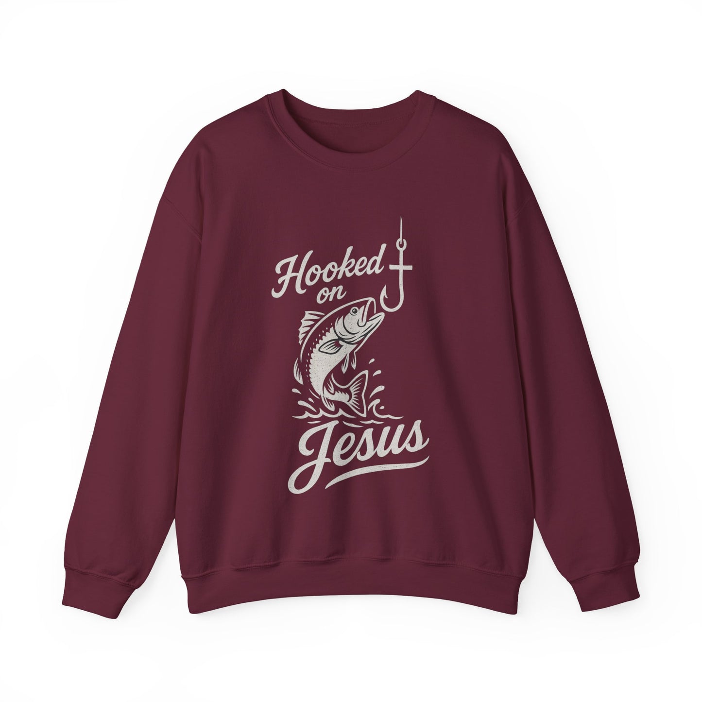 “Hooked on Jesus” Crewneck Sweatshirt – Cozy Religious Apparel with a Fun Twist