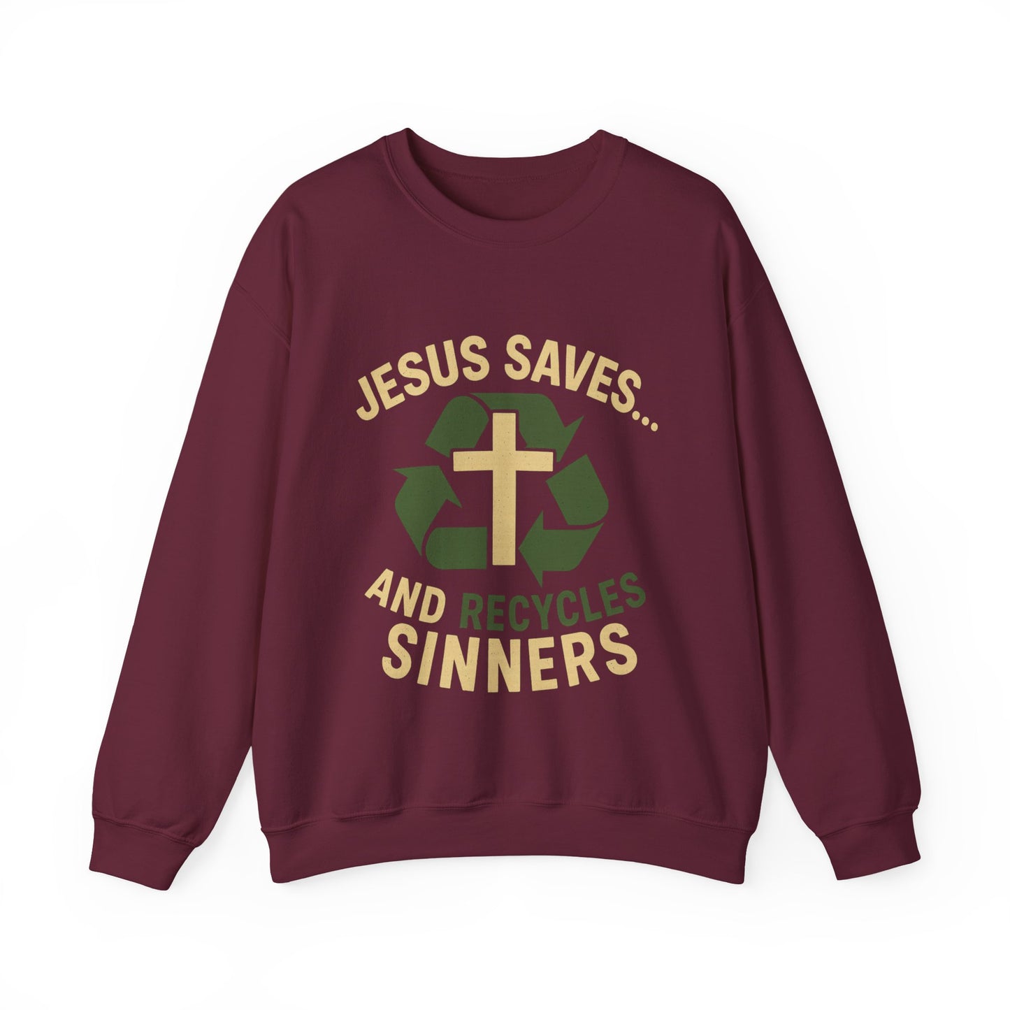 “Jesus Saves… and Recycles Sinners” Crewneck Sweatshirt – Cozy Religious Humor