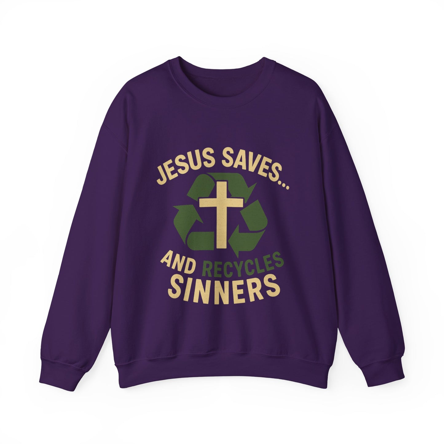 “Jesus Saves… and Recycles Sinners” Crewneck Sweatshirt – Cozy Religious Humor