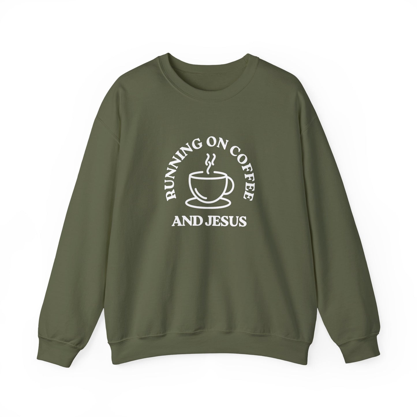 “Running on Coffee and Jesus” Crewneck Religious Sweatshirt – Cozy Faith & Fuel Design