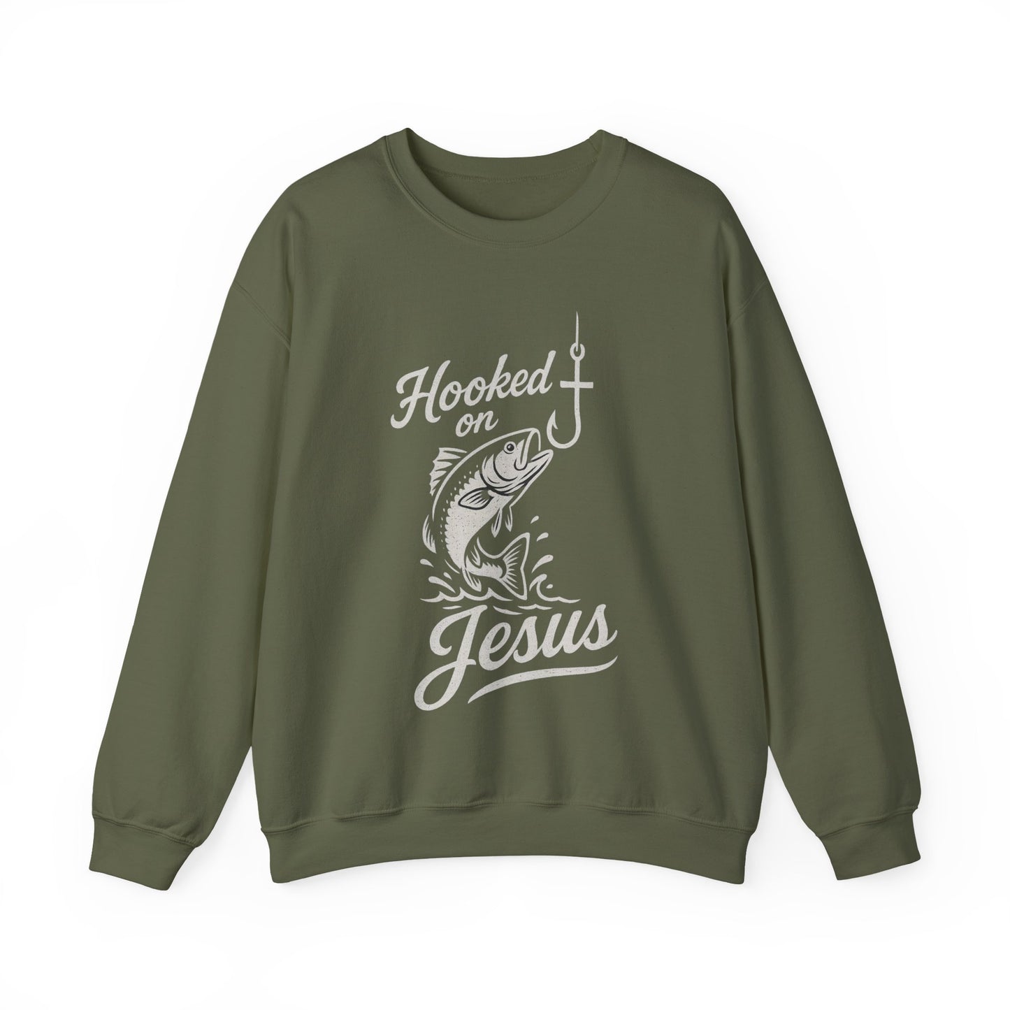 “Hooked on Jesus” Crewneck Sweatshirt – Cozy Religious Apparel with a Fun Twist