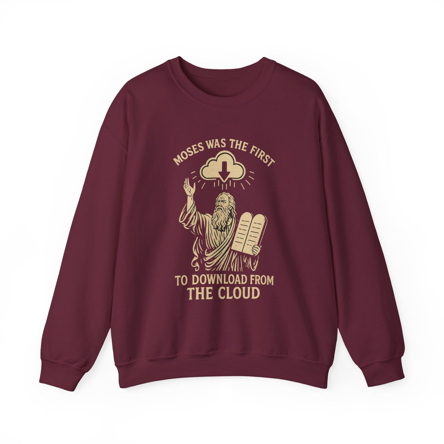 “Moses Was the 1st to Download from the Cloud” Crewneck Sweatshirt – Cozy Christian Tech Humor