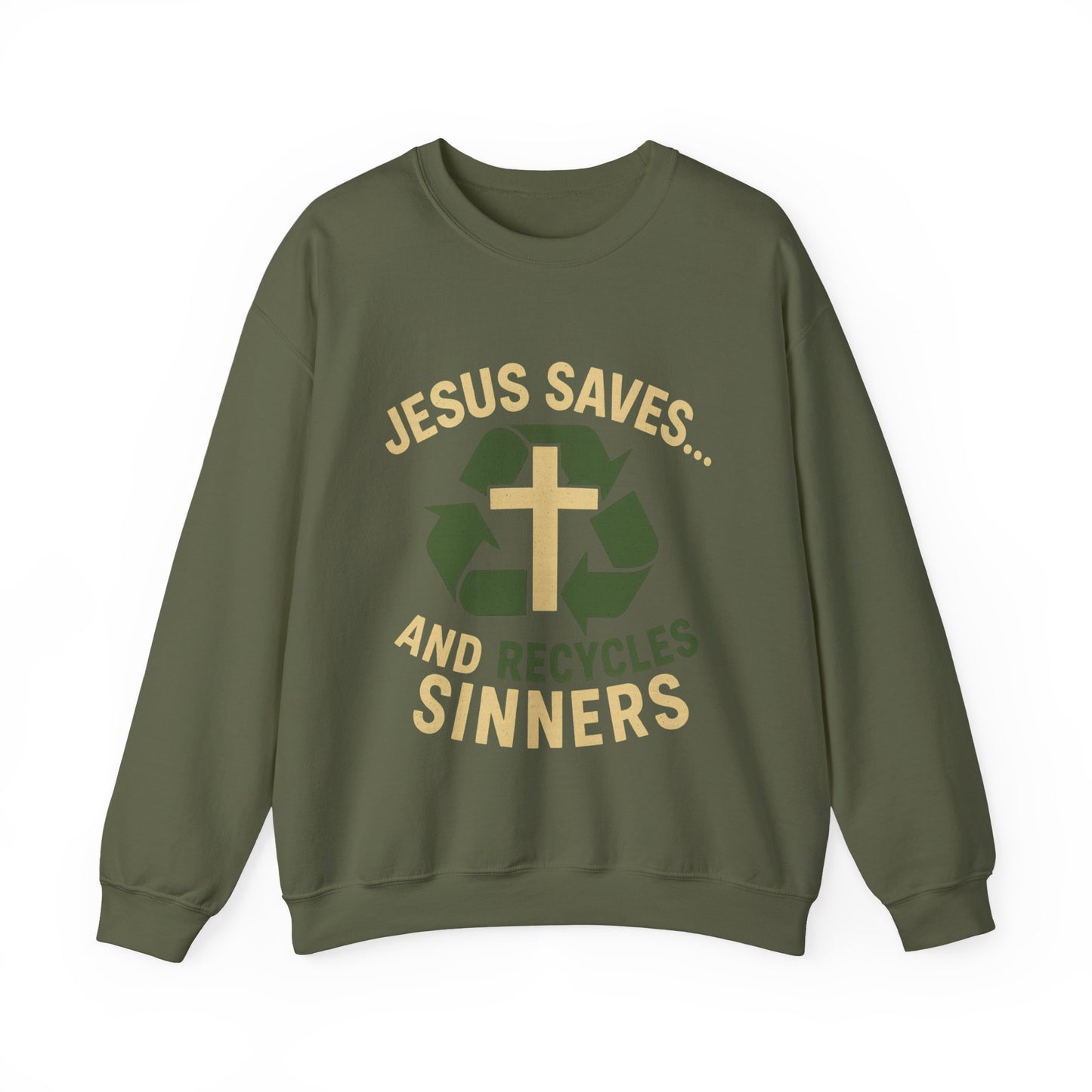 “Jesus Saves… and Recycles Sinners” Crewneck Sweatshirt – Cozy Religious Humor