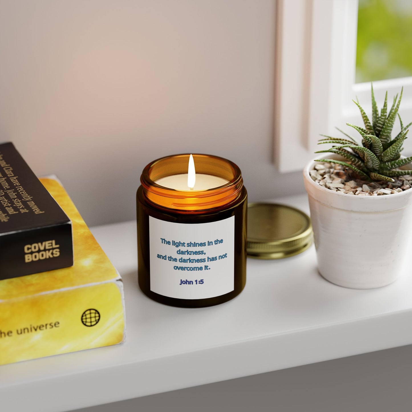 "Light in the Darkenss, John 1:5", Christian Scented Candle, Coconut Apricot Wax (4oz, 9oz)