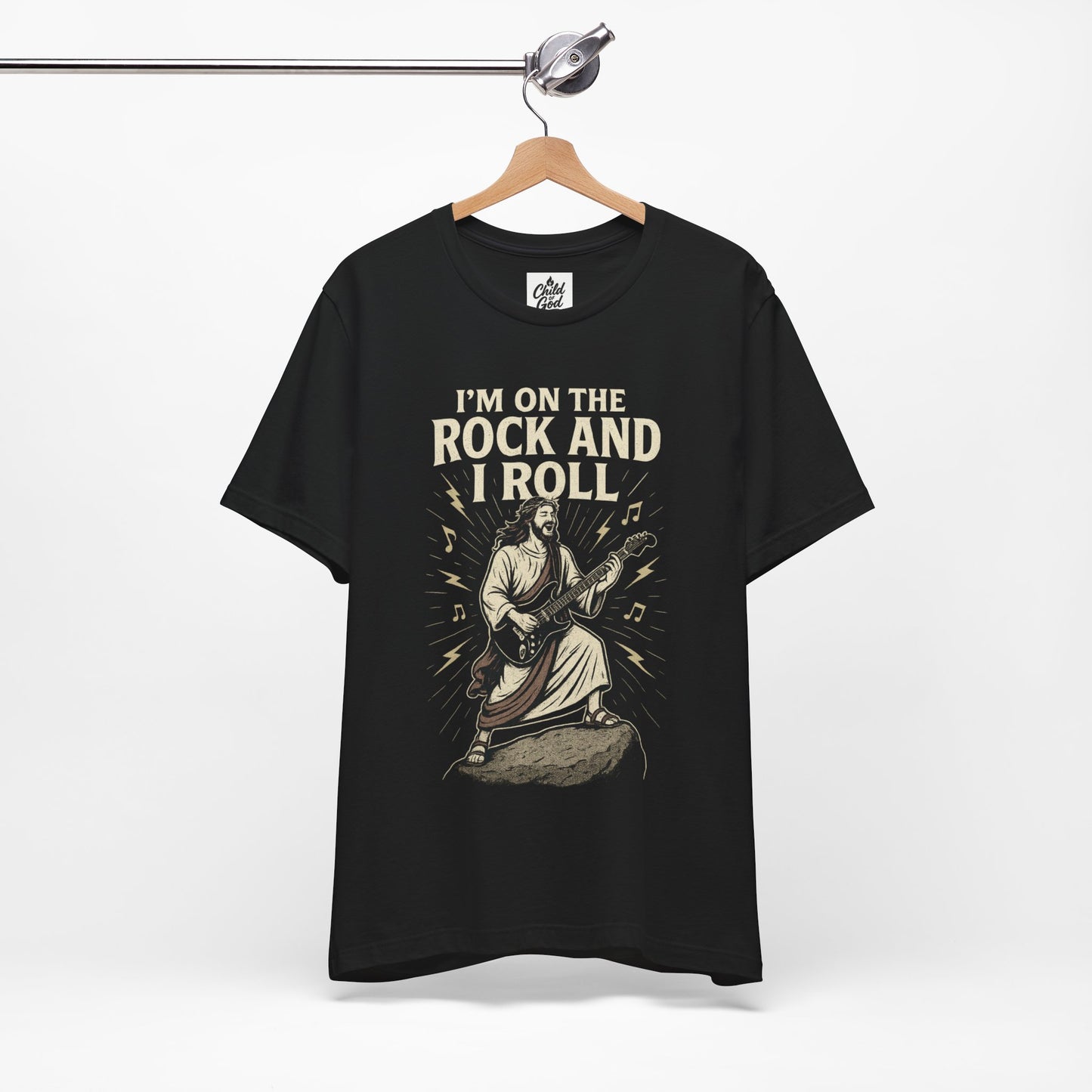 "I'm on the Rock and I Roll" . Unisex Jersey Short Sleeve Tee - Casual Christian Graphic Shirt for Positive Vibes