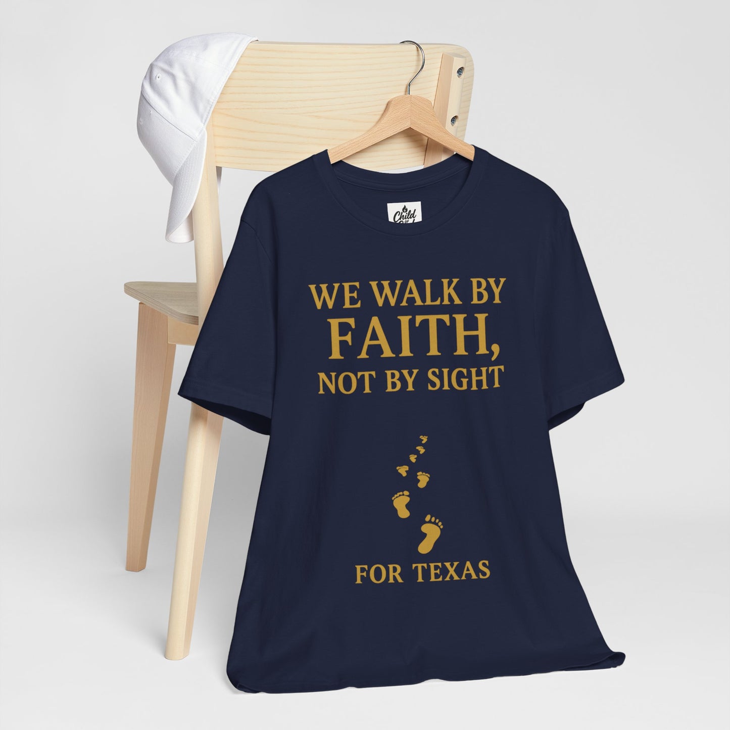 "We Walk By Faith, Not By Sight - For Texas". Unisex Jersey Short Sleeve Tee - Casual Christian Graphic Shirt for Positive Vibes, Texas flood help