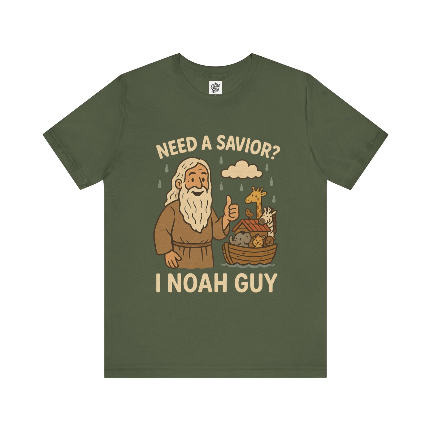 "Need a Savior? I Noah Guy." . Unisex Jersey Short Sleeve Tee - Casual Christian Graphic Shirt for Positive Vibes