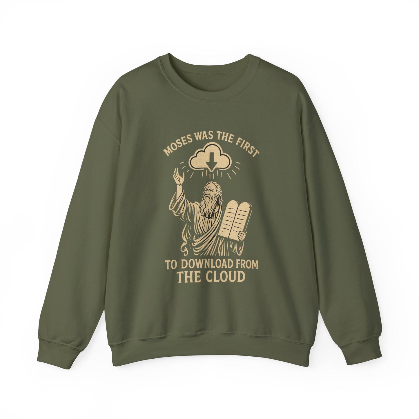 “Moses Was the 1st to Download from the Cloud” Crewneck Sweatshirt – Cozy Christian Tech Humor