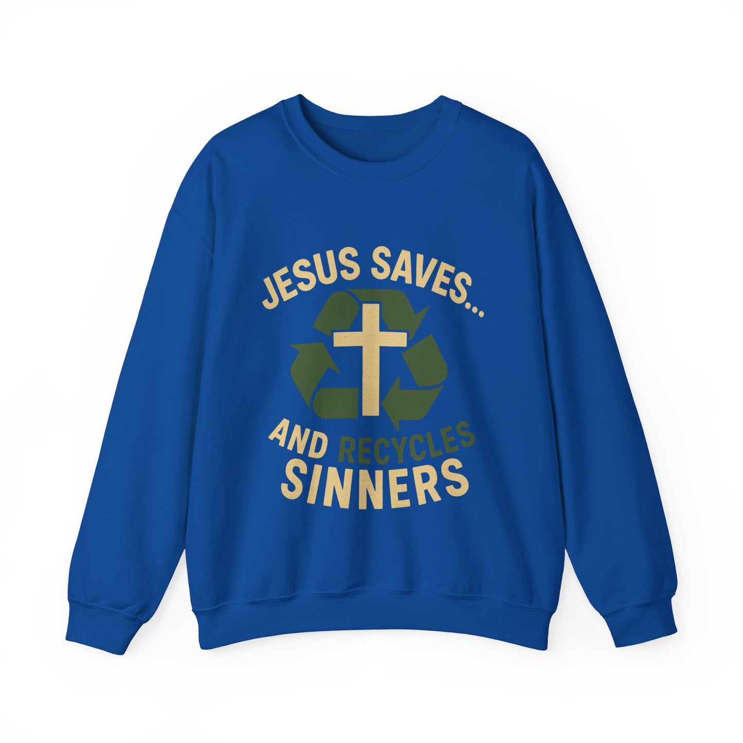 “Jesus Saves… and Recycles Sinners” Crewneck Sweatshirt – Cozy Religious Humor