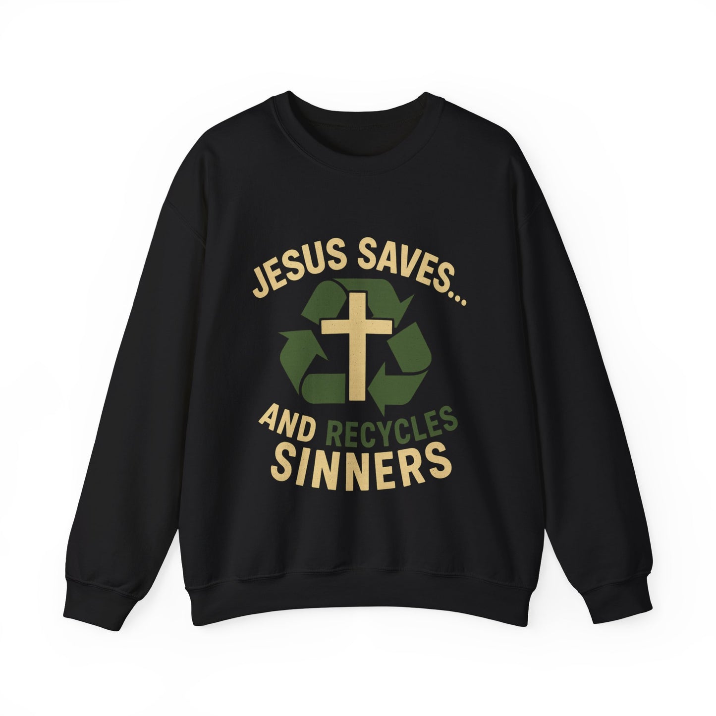 “Jesus Saves… and Recycles Sinners” Crewneck Sweatshirt – Cozy Religious Humor