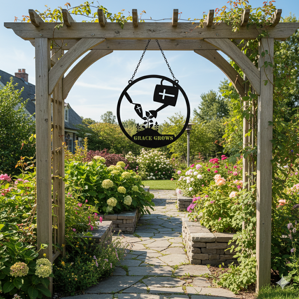 Christian Gardener Gift | Grace Grows Metal Sign | Garden Trowel Wall Art