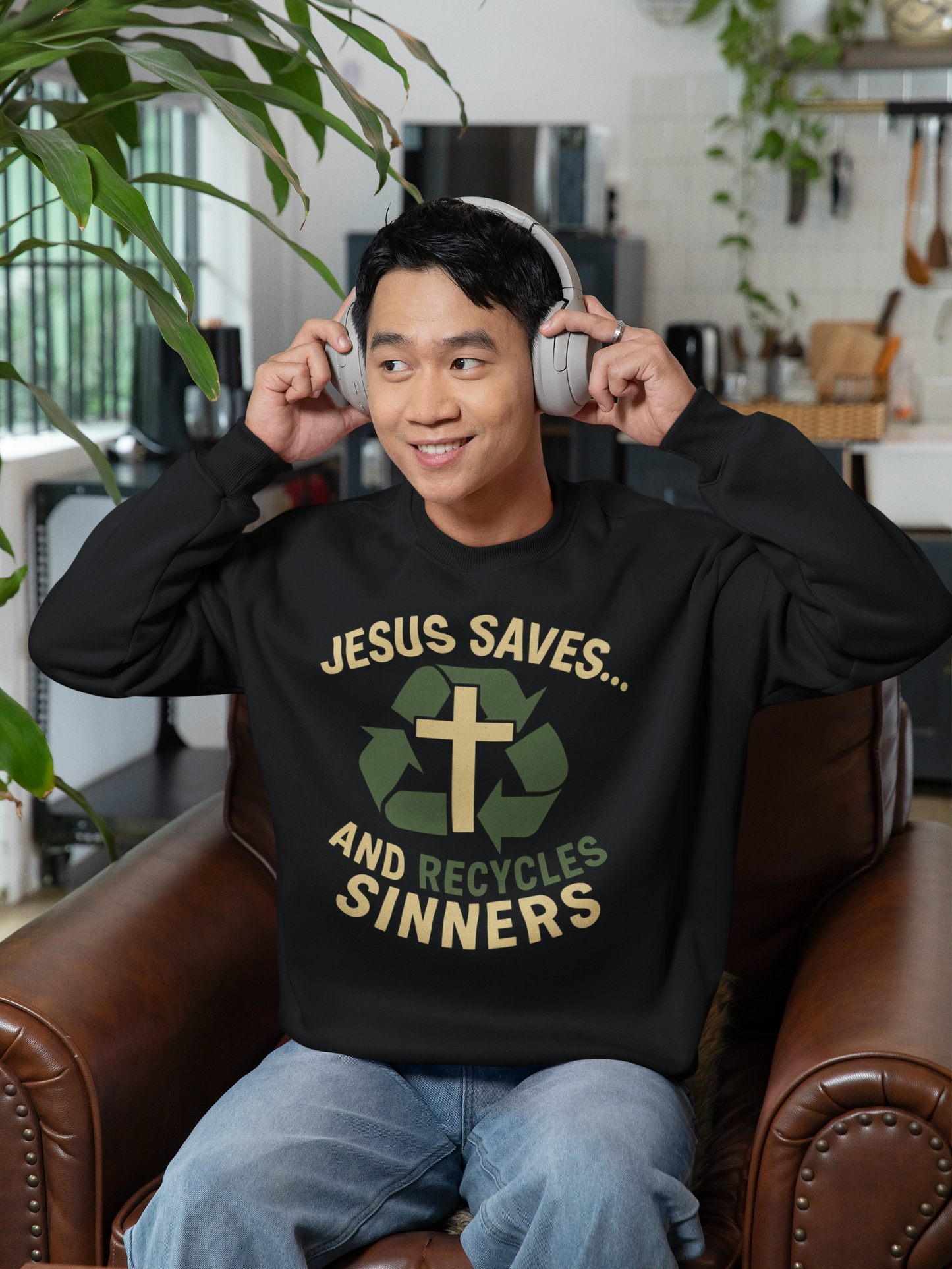 “Jesus Saves… and Recycles Sinners” Crewneck Sweatshirt – Cozy Religious Humor