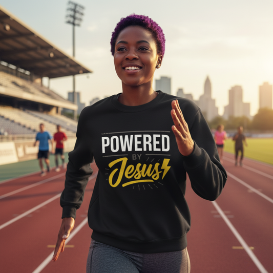 “Powered By Jesus” Crewneck Religious Sweatshirt – Faith and Strength Combined