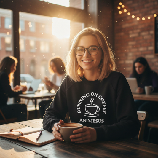 “Running on Coffee and Jesus” Crewneck Religious Sweatshirt – Cozy Faith & Fuel Design