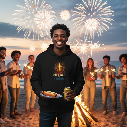 “Faith, Fireworks, and Freedom” Christian Hoodie – Unisex Pullover for Summer & Beyond