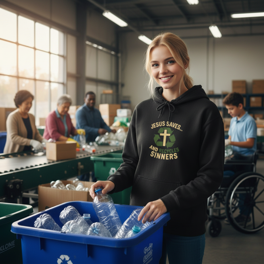 “Jesus Saves… and Recycles Sinners” Religious Hoodie – Unisex Pullover with a Fun Twist
