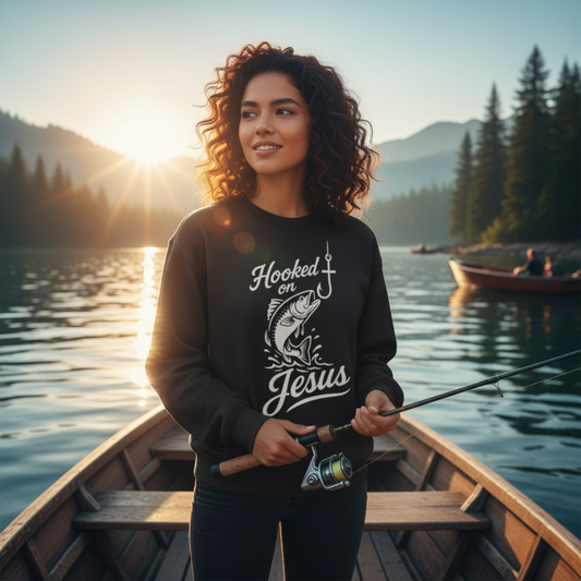 “Hooked on Jesus” Crewneck Sweatshirt – Cozy Religious Apparel with a Fun Twist