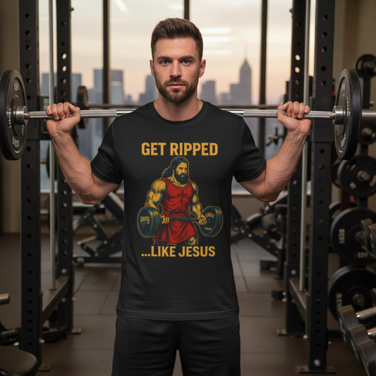 “Get Ripped Like Jesus” Religious Fitness T-Shirt – Faith & Strength Combined
