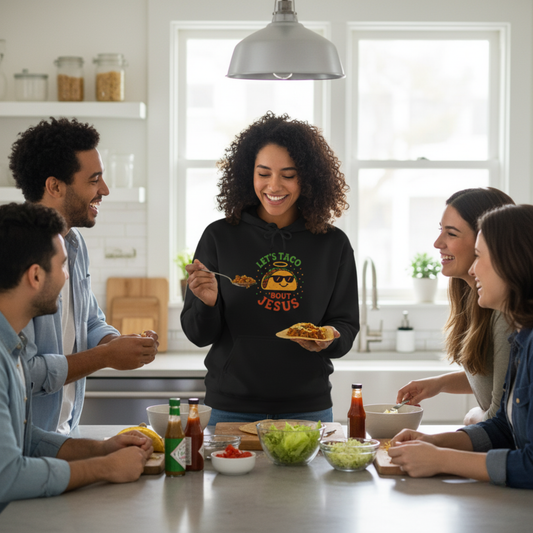 “Let’s Taco ‘Bout Jesus” Religious Hoodie – Unisex Pullover for Foodies of Faith