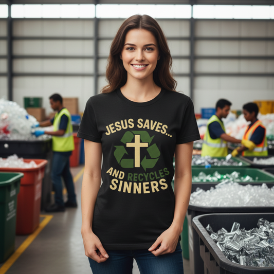 “Jesus Saves… and Recycles Sinners” Religious T-Shirt – Witty Faith Statement