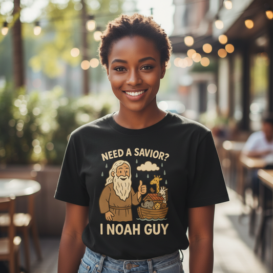 "Need a Savior? I Noah Guy." . Unisex Jersey Short Sleeve Tee - Casual Christian Graphic Shirt for Positive Vibes