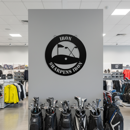 Golf-Iron Sharpens Iron Metal Sign | Christian Men's Gift | Proverbs 27:17 Wall Art