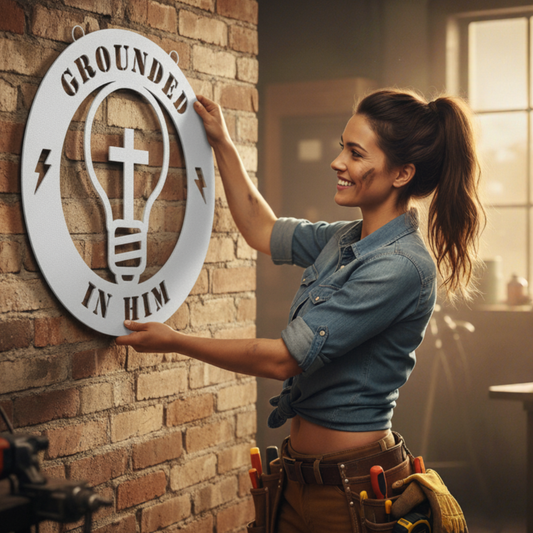 Christian Electrician Gift | Grounded in Him Metal Sign | Lineman Wall Art