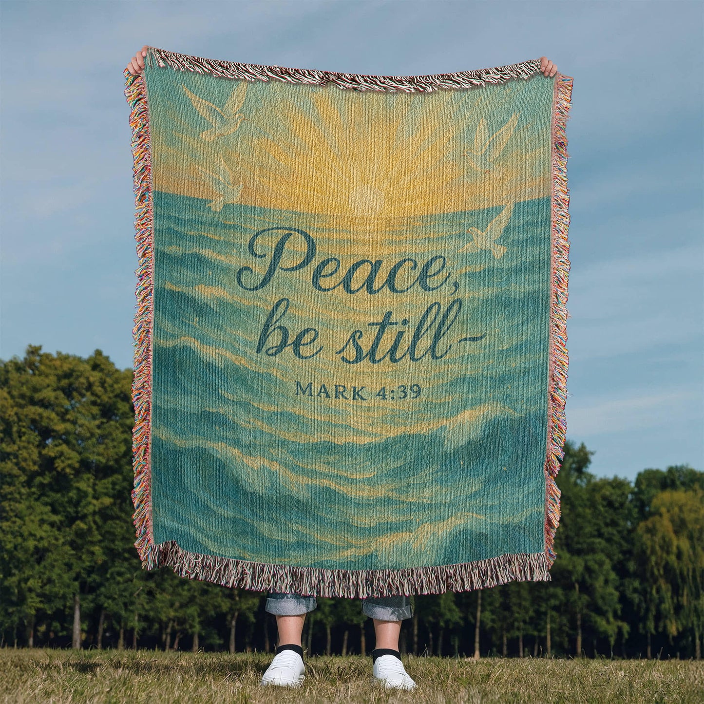 “Peace, be Still (Mark 4:39)” Christian Woven faith inspired Blanket