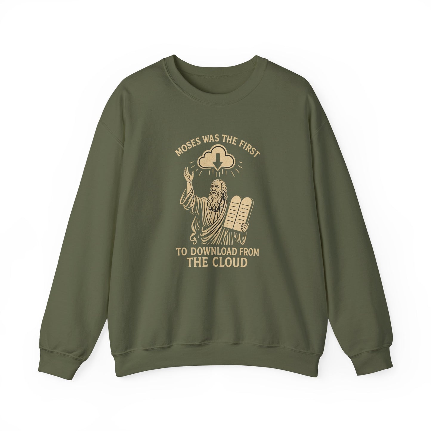 “Moses Was the 1st to Download from the Cloud” Crewneck Sweatshirt – Cozy Christian Tech Humor