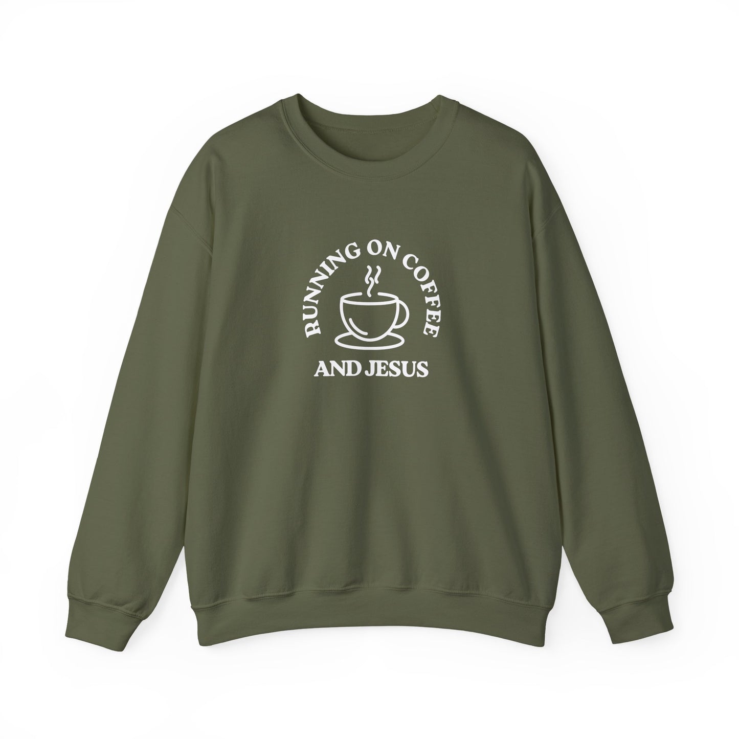 “Running on Coffee and Jesus” Crewneck Religious Sweatshirt – Cozy Faith & Fuel Design
