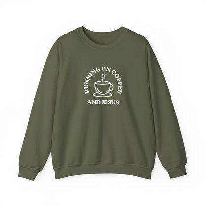 “Running on Coffee and Jesus” Crewneck Religious Sweatshirt – Cozy Faith & Fuel Design