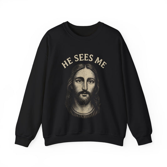 “He Sees Me” Crewneck Religious Sweatshirt – Cozy Reminder of God’s Watchful Eye