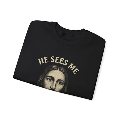 “He Sees Me” Crewneck Religious Sweatshirt – Cozy Reminder of God’s Watchful Eye