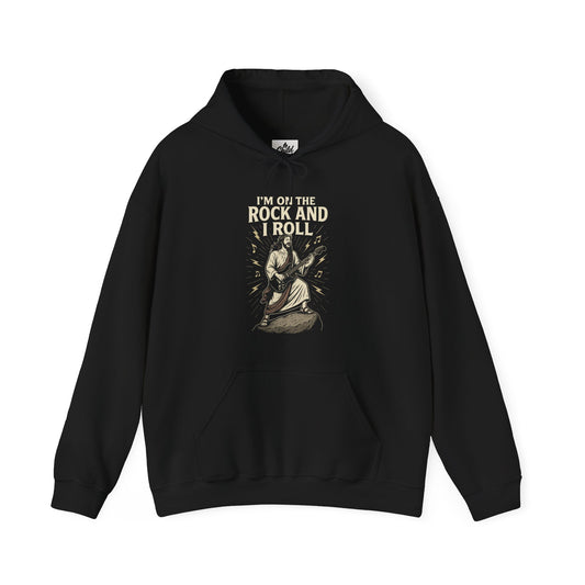 "I'm on the Rock and I Roll" Hoodie - Unisex Heavy Blend Christian Sweatshirt for Relaxation & Faith