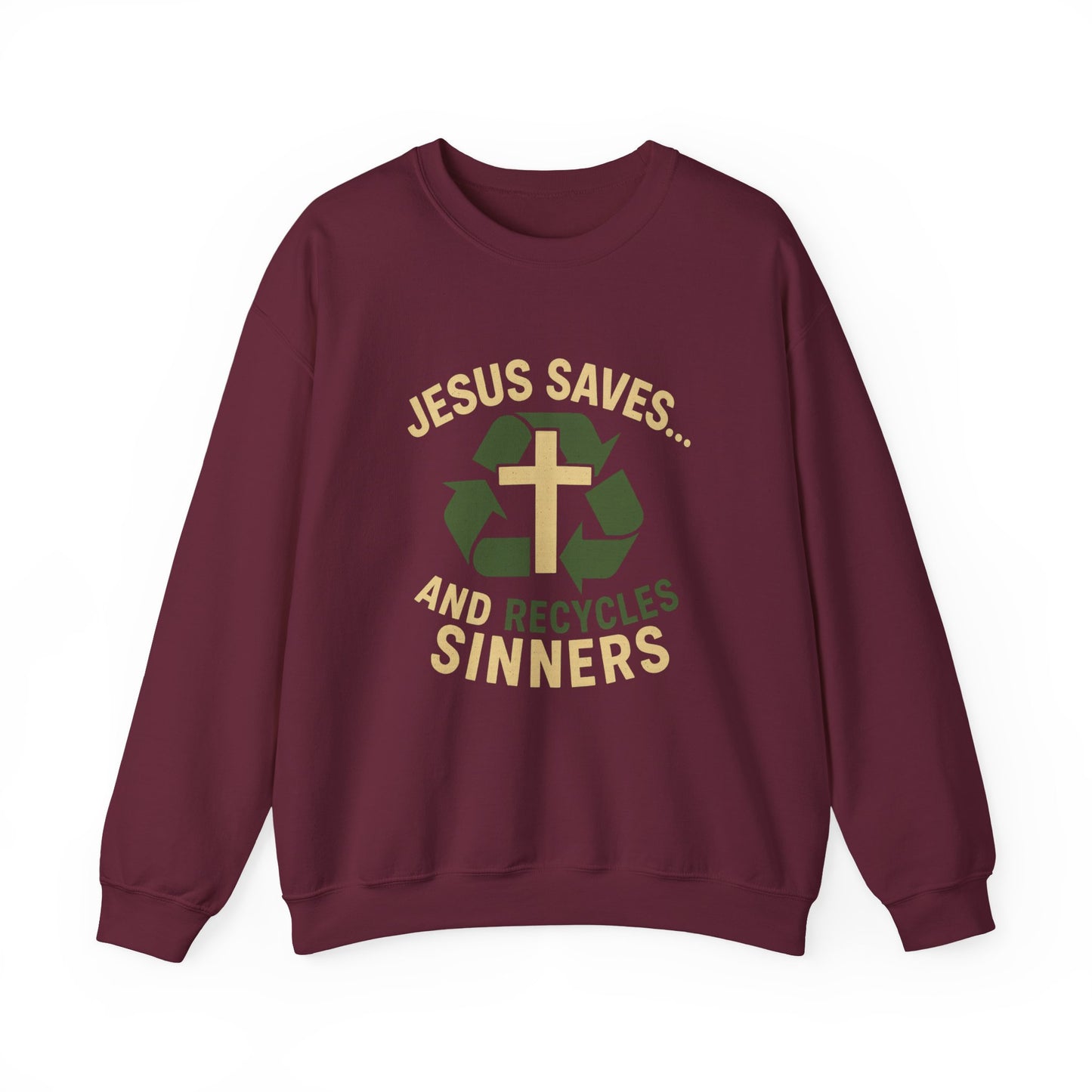 “Jesus Saves… and Recycles Sinners” Crewneck Sweatshirt – Cozy Religious Humor