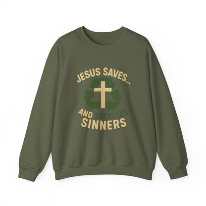 “Jesus Saves… and Recycles Sinners” Crewneck Sweatshirt – Cozy Religious Humor