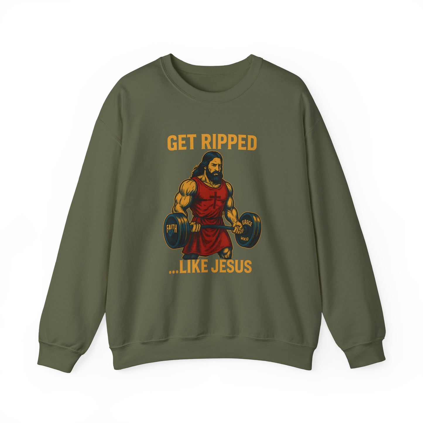 “Get Ripped Like Jesus” Religious Crewneck Sweatshirt – Strength in Faith and Fitness