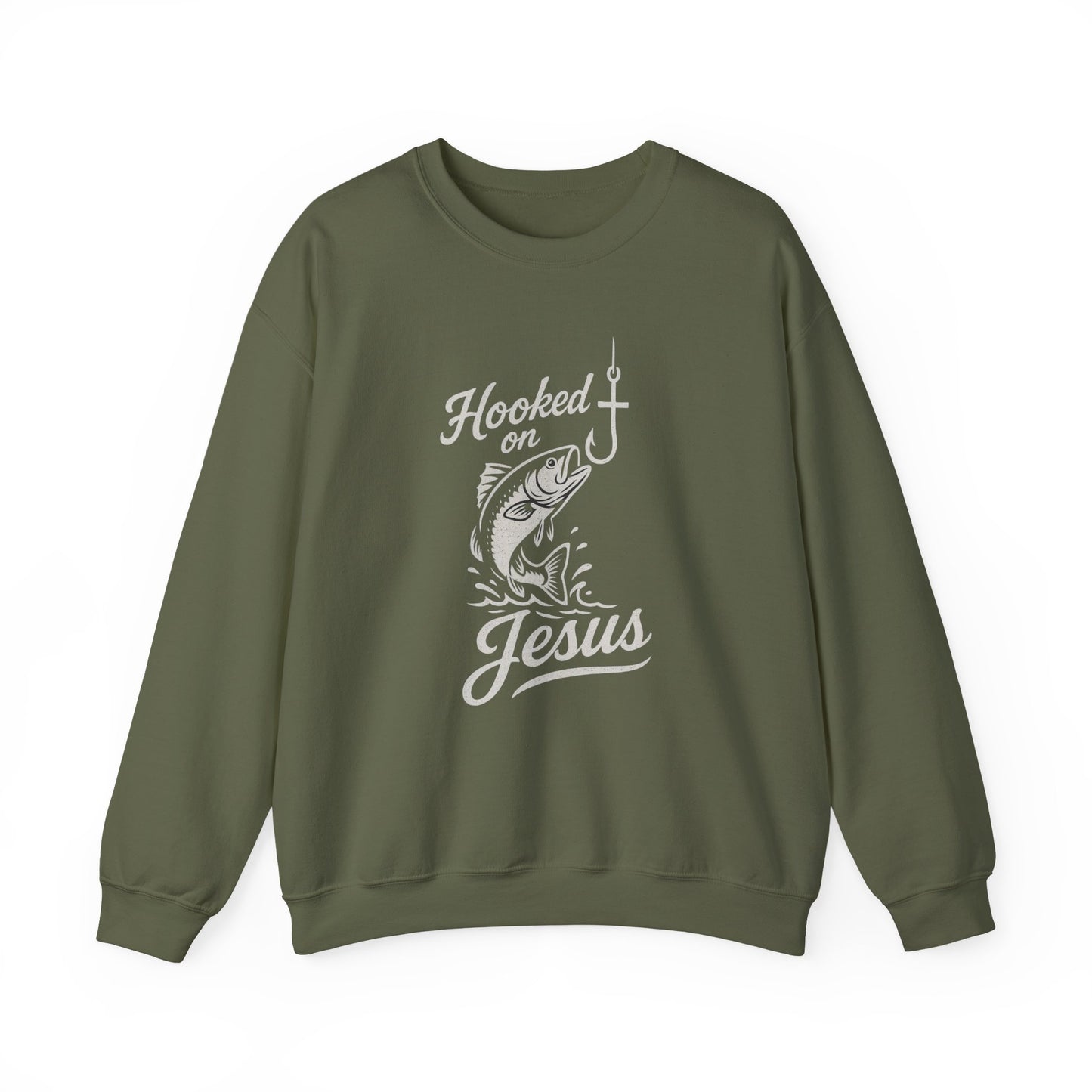 “Hooked on Jesus” Crewneck Sweatshirt – Cozy Religious Apparel with a Fun Twist
