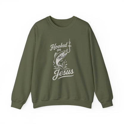 “Hooked on Jesus” Crewneck Sweatshirt – Cozy Religious Apparel with a Fun Twist