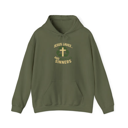 “Jesus Saves… and Recycles Sinners” Religious Hoodie – Unisex Pullover with a Fun Twist