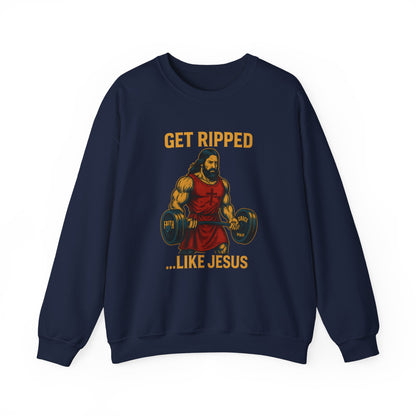 “Get Ripped Like Jesus” Religious Crewneck Sweatshirt – Strength in Faith and Fitness