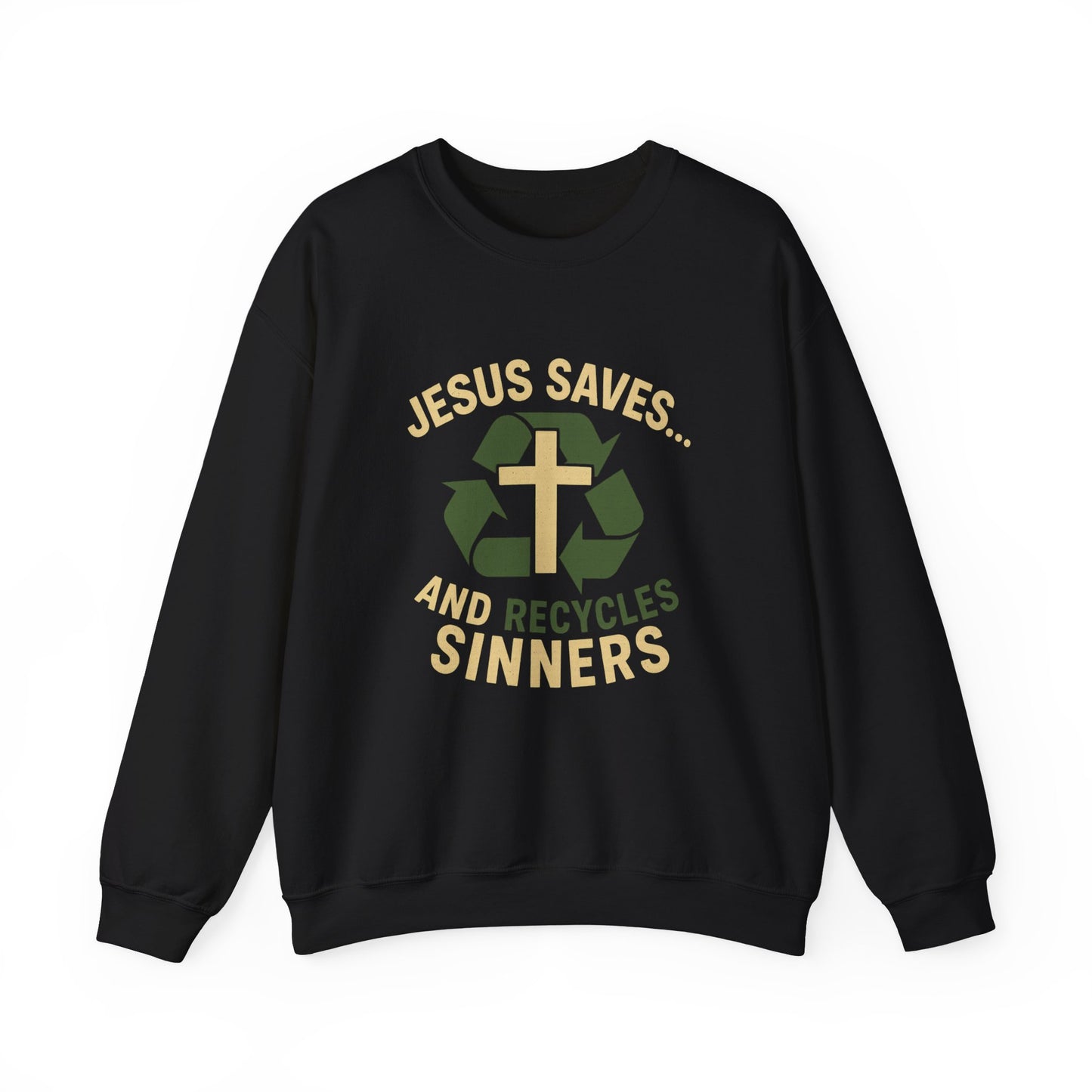 “Jesus Saves… and Recycles Sinners” Crewneck Sweatshirt – Cozy Religious Humor