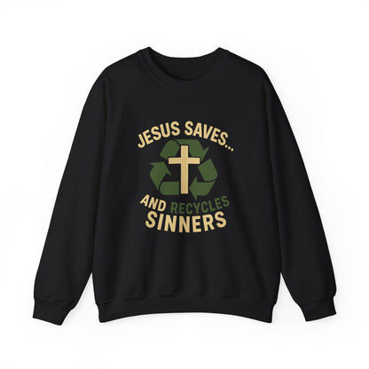 “Jesus Saves… and Recycles Sinners” Crewneck Sweatshirt – Cozy Religious Humor