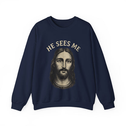 “He Sees Me” Crewneck Religious Sweatshirt – Cozy Reminder of God’s Watchful Eye