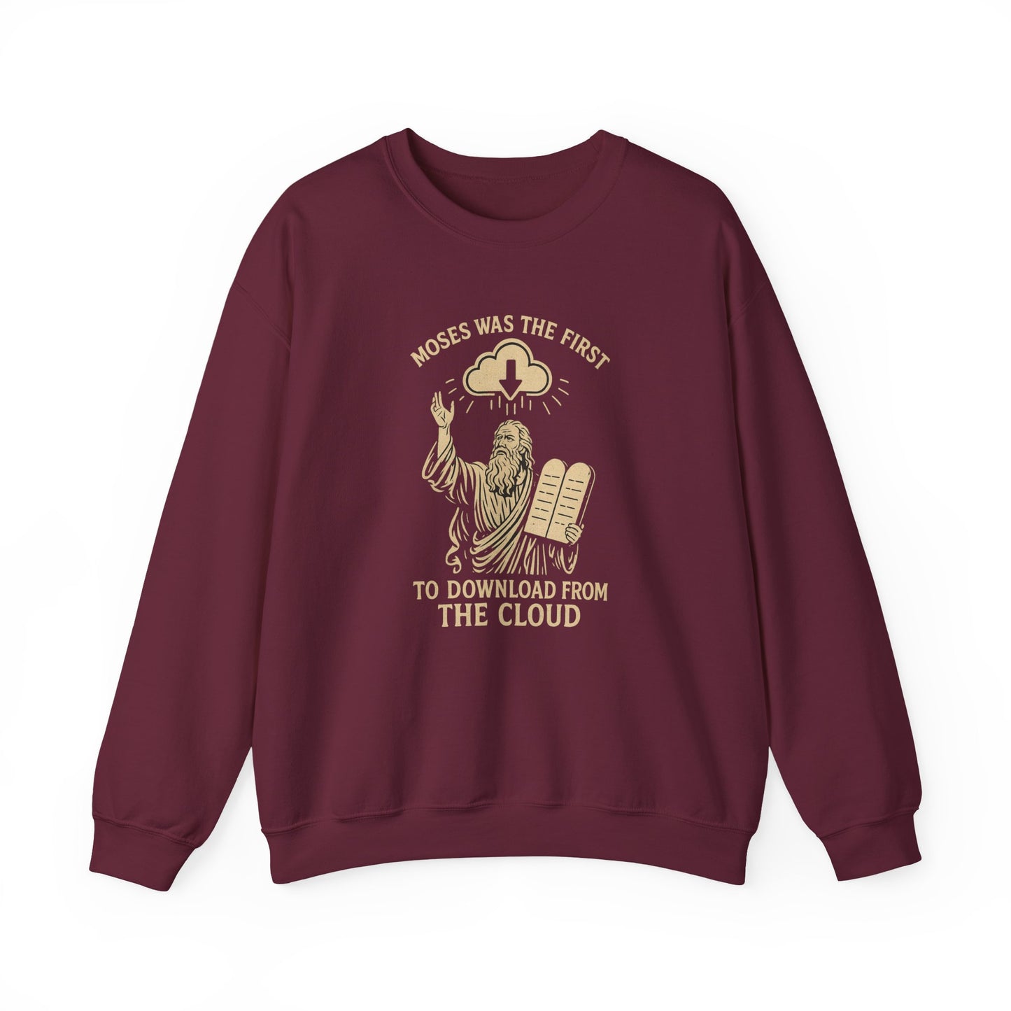 “Moses Was the 1st to Download from the Cloud” Crewneck Sweatshirt – Cozy Christian Tech Humor