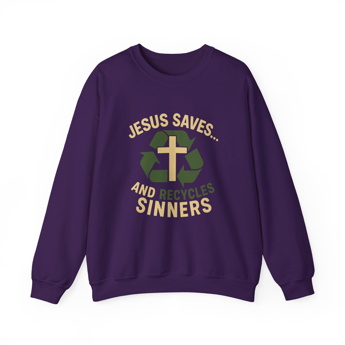 “Jesus Saves… and Recycles Sinners” Crewneck Sweatshirt – Cozy Religious Humor