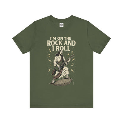 "I'm on the Rock and I Roll" . Unisex Jersey Short Sleeve Tee - Casual Christian Graphic Shirt for Positive Vibes