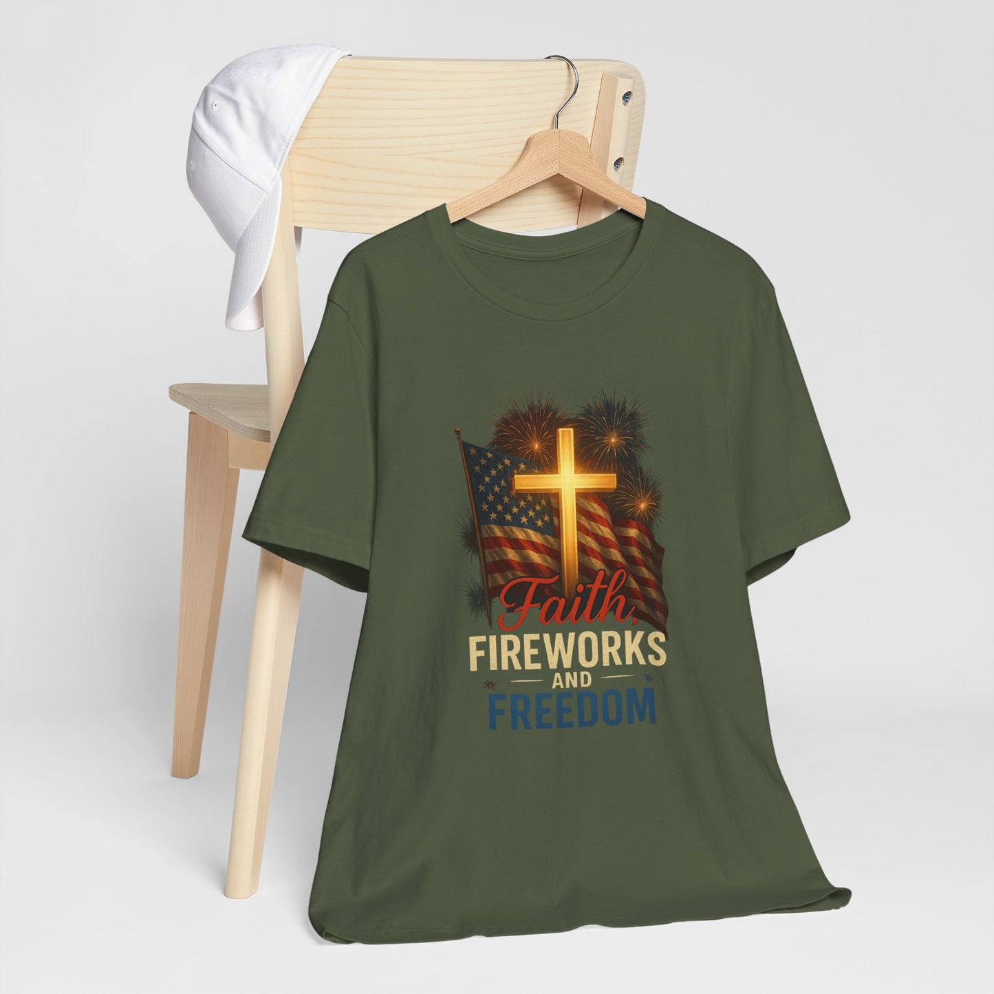 “Faith, Fireworks, and Freedom” Christian T-Shirt – Patriotic Summer Style for Believers