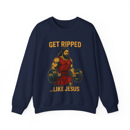 “Get Ripped Like Jesus” Religious Crewneck Sweatshirt – Strength in Faith and Fitness