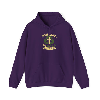 “Jesus Saves… and Recycles Sinners” Religious Hoodie – Unisex Pullover with a Fun Twist